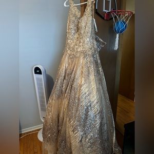 Size 10, gold, princess style prom dress with corset back.